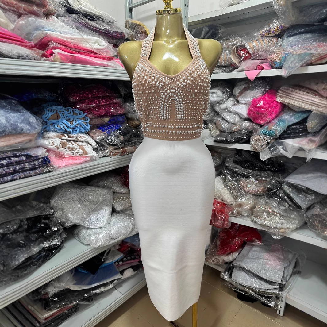 2025 European and American New Sexy Sleeveless Hip-Hugging Slim Elegant Dress Halterneck Pearl Beaded Bandage Skirt