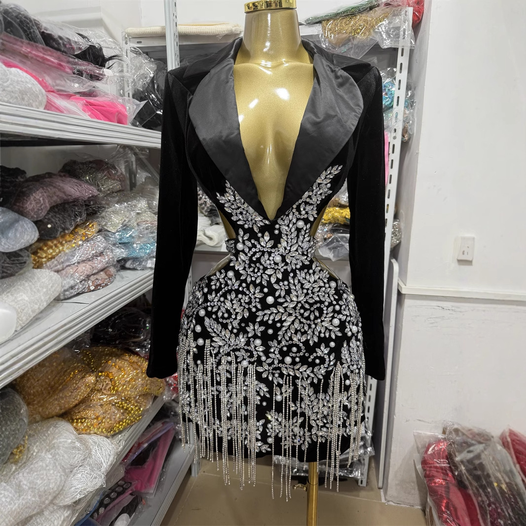 New Diamond Lapel Cut-out Waist Dress Sexy Cocktail Tassel dress Company Annual Meeting Evening Dress