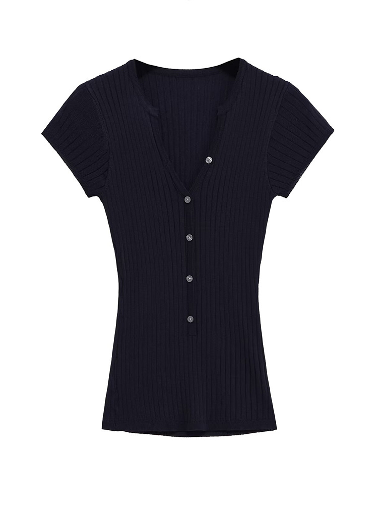 2025 New Summer Women's Clothing, Fashionable and Versatile, Simple Design, Slim-Fitting Short-Sleeved Navy Knitwear