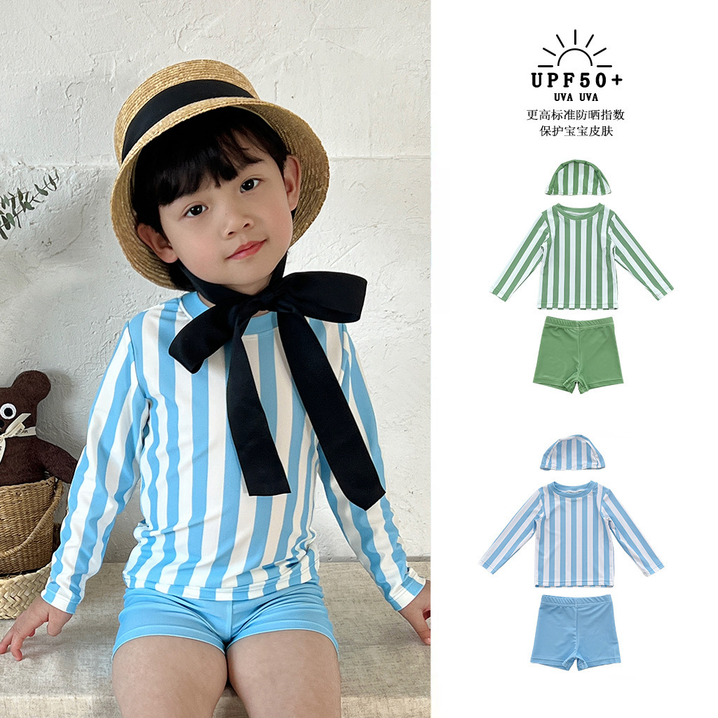 Children's Ins-Style Striped Two-Piece Swimsuit, Baby Long-Sleeve Quick-Dry Sun-Protective Swimwear, Conservative Swimwear for Boys and Girls, Wholesale