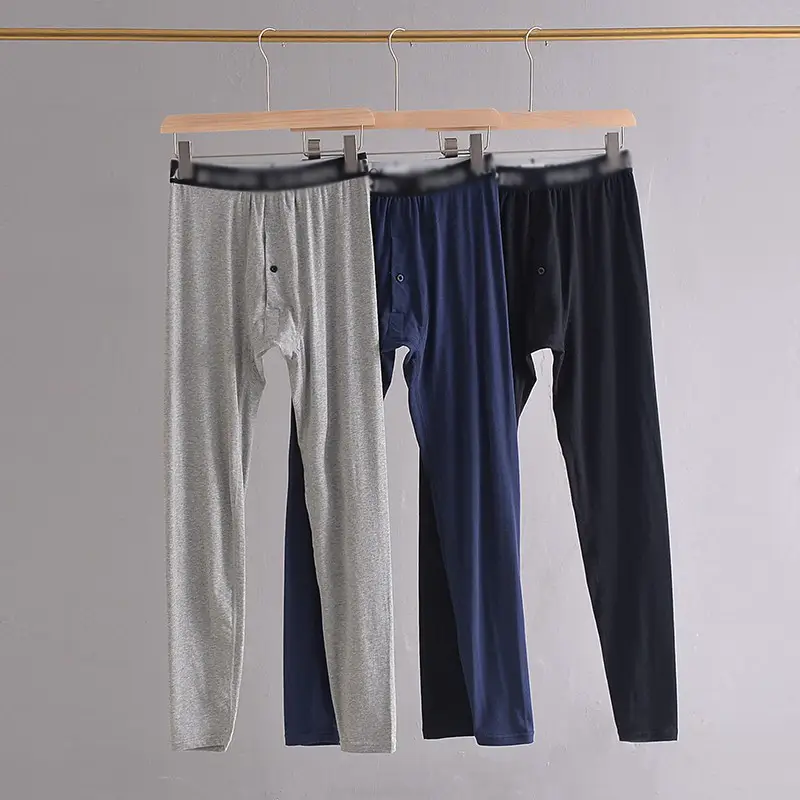 European and American Style Men's High-Waisted Pure Cotton Solid Color Stretchy Long Pants, Thin Single-Layer Thermal Autumn Pants