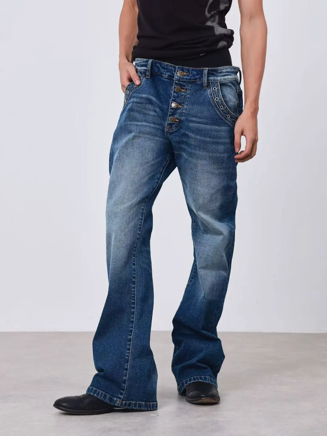 Detw 25Aw*Hediboy Deep Sea Blue Washed Vintage Slim Fit Flattering Metallic Basic Versatile Blue Jeans