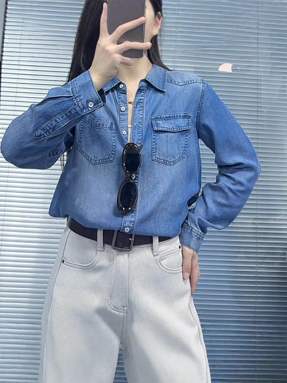 2026 Spring/Summer New Women's Mo Blue Crystal Tencel Denim High-Drape Long-Sleeve Shirt Thin Shirt Jacket 11529