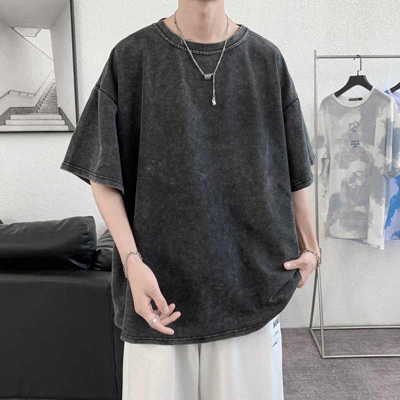 Vintage washed old short sleeve T-shirt men's fashion brand ins trendy loose summer half sleeve Hong Kong style half sleeve top trendy