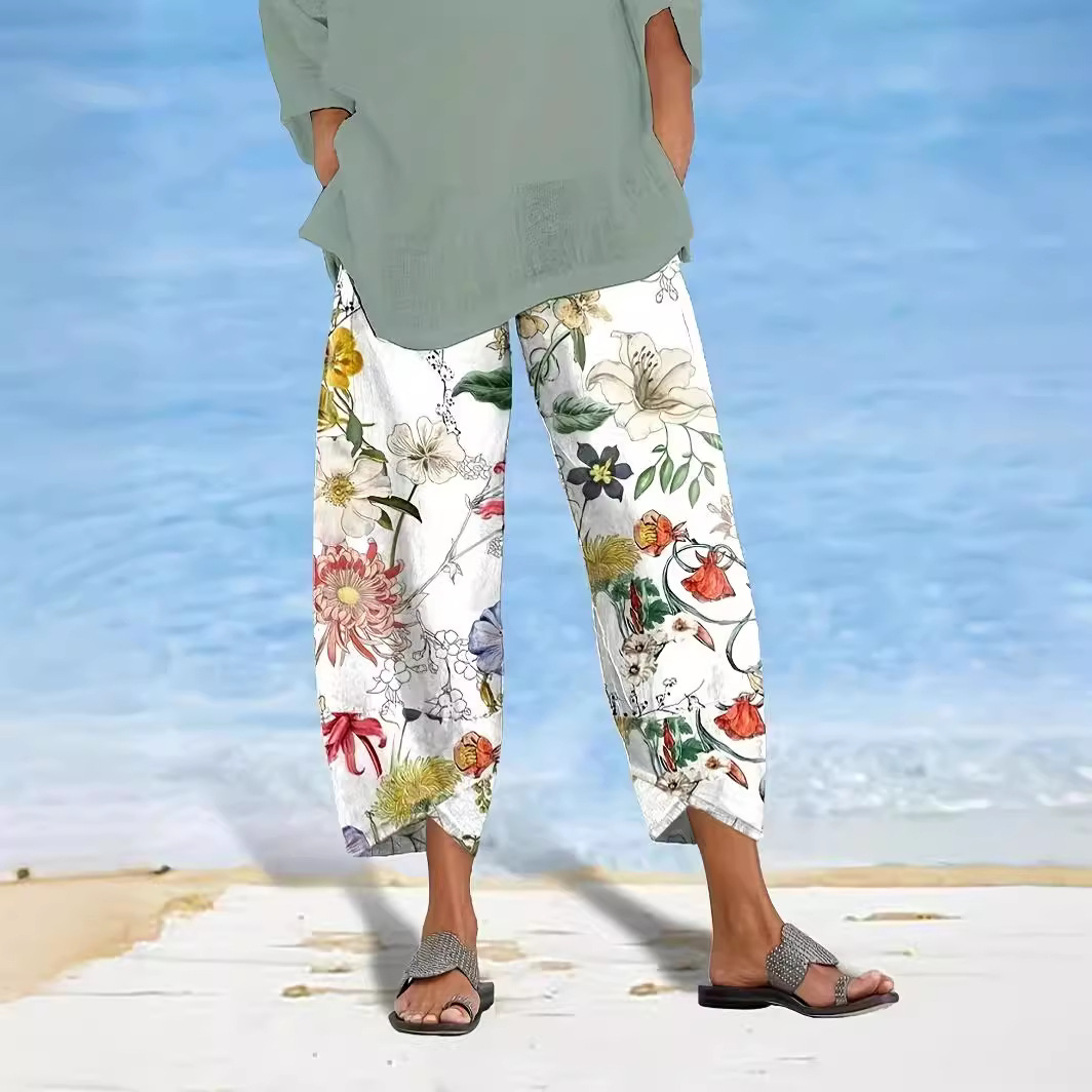 2026 European and American Amazon New Style Independent Website Women's Printed Beach Loose Casual Loose-Fitting Cropped Pants for Women