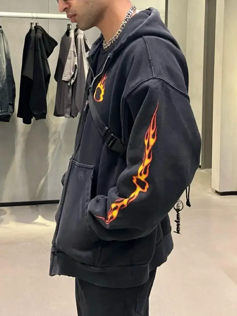 24Fw Fall and winter New arrival Double Ring Flame Logo Straight Split Print Distressed Washed Destroyed Cardigan Hooded Sweatshirt Outwear