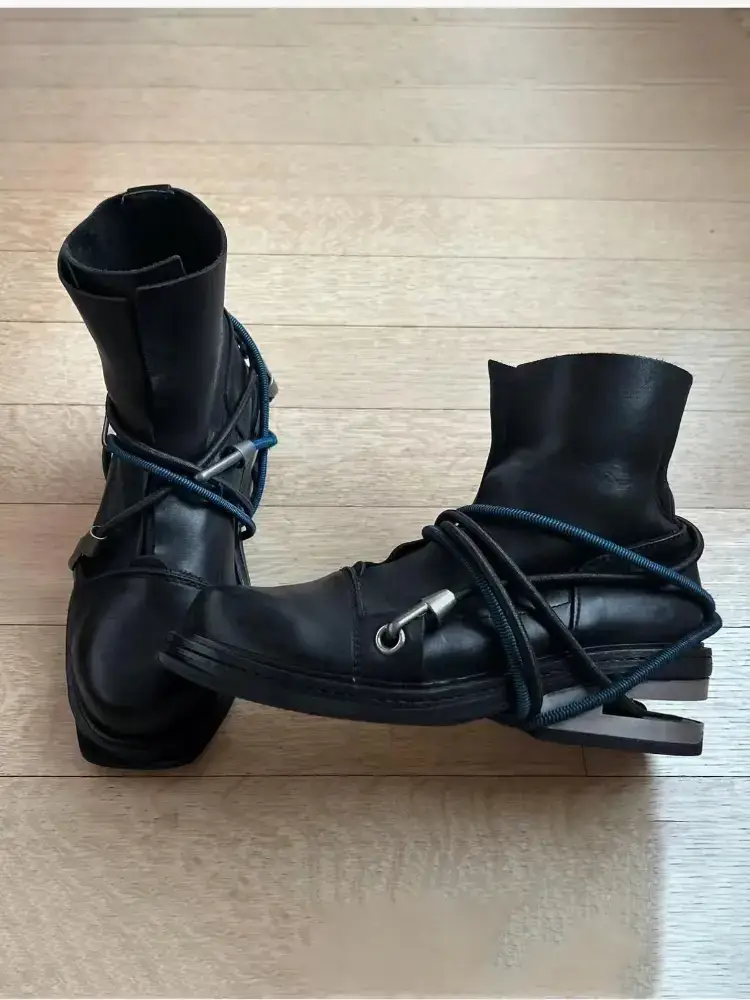 Cable Hiking Hook Crazy Bandage Boots Male Thick Heel Steel Cut Rear Heel Retro Distressed Short Boots Dark Series