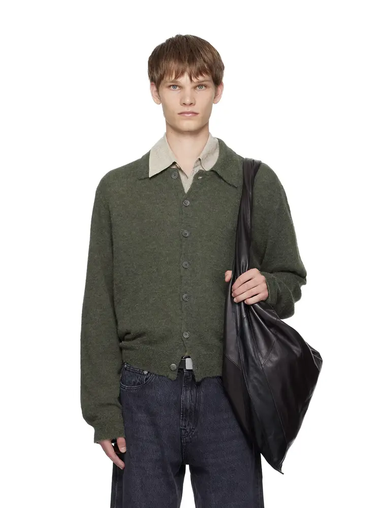 Our Legacy style sand green mohair blended wool cardigan casual loose layered long sleeved jacket