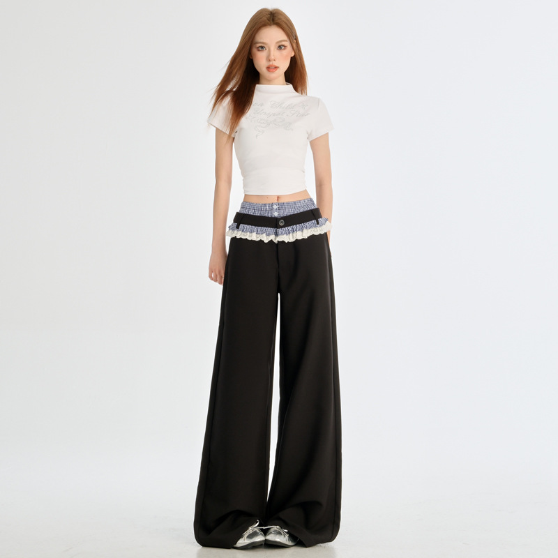 Stitching Llace Pants Women's New Double Waist Suit Pants High-grade Loose Casual Pants & Long Pants