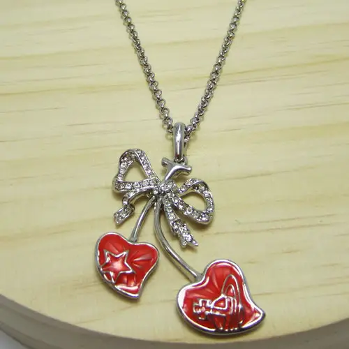 Silver Full Diamond Bow Double Heart Saturn Necklace-B8074