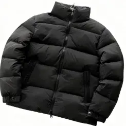 Left Shoulder Embroidered with Black Stripes, Black Zipper, Three-Color Stand-Up Collar down Jacket 22122527