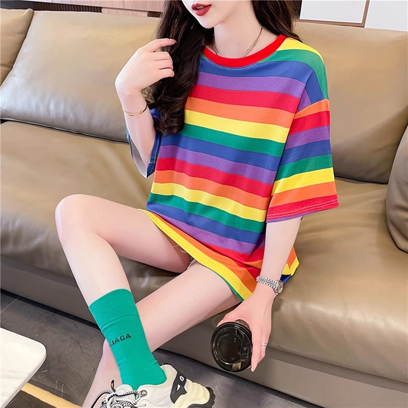 New Rainbow Stripesd Summer T-Shirt Women's Short-Sleeved Design Loose Ins Trendy Korean Style Half-Sleeved Mid-Length Top