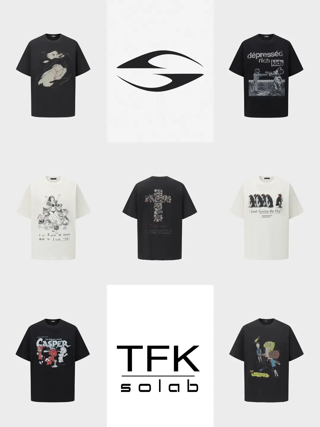 Roaring Little Eyes Tfk Solab Washed Distressed Destroyed Cartoon Graffiti Short-Sleeved T-Shirt