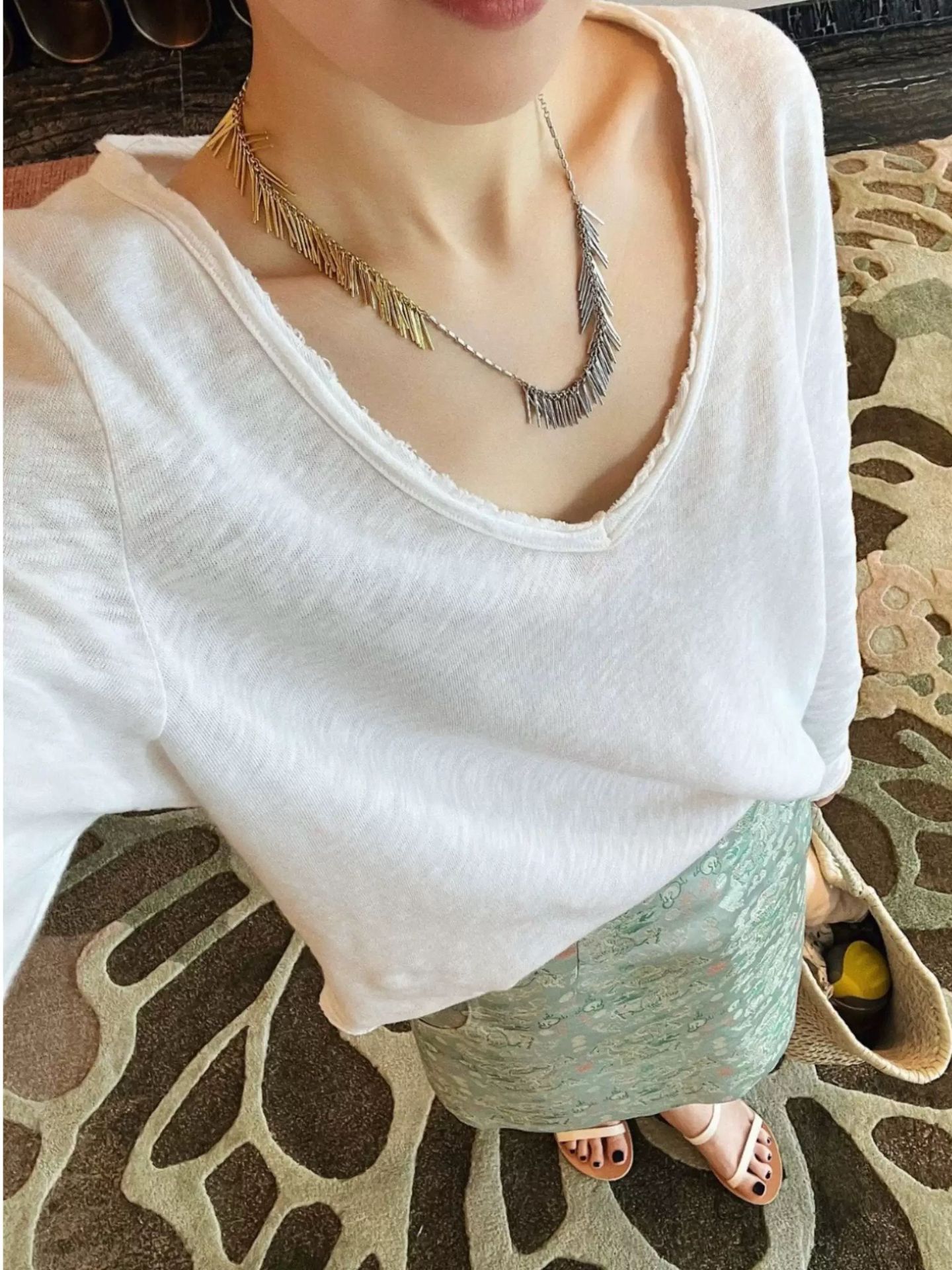 New Versatile 100% Bamboo Cotton Rolled-Edge Loose Natural Wide-Shoulder V-Neck Brushed Long-Sleeve T-Shirt Women's Base Shirt 6304