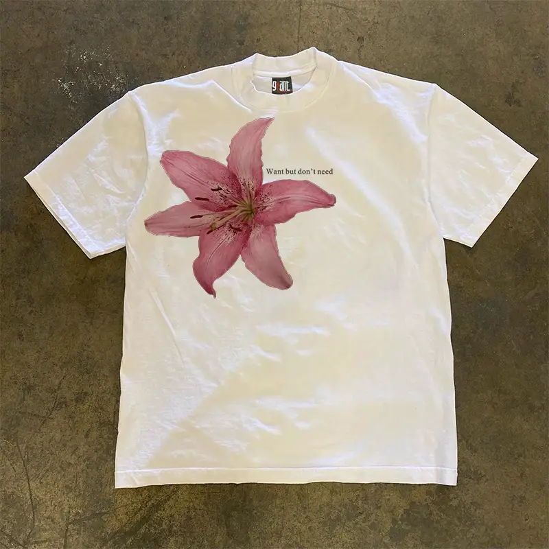 90S90S90S Only Makes Products with Good Value for Money! Floral Letter Vintage American Style Trendy Oversized Short-Sleeve Top