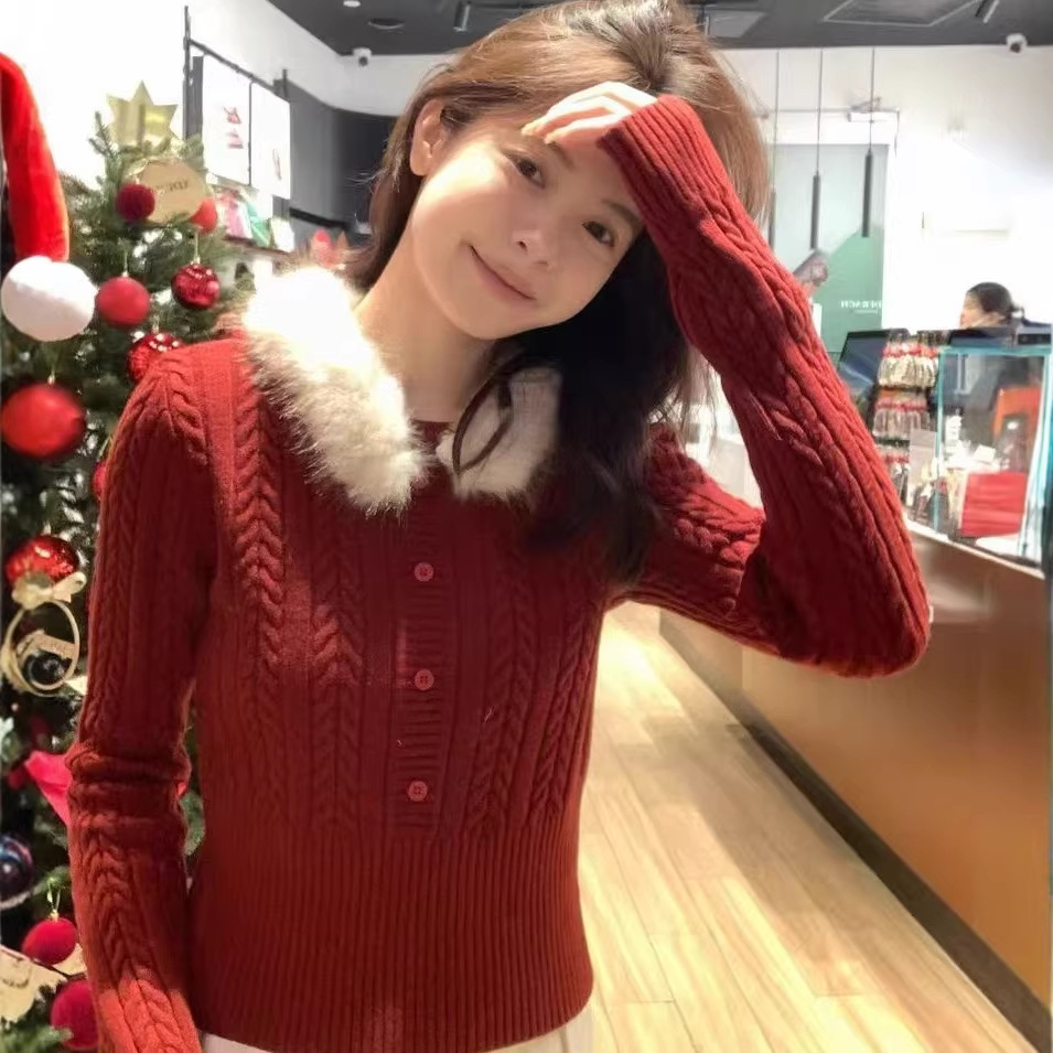 French Style Detachable Fur Collar Pullover Twist Knit Sweater for Women 2025 Autumn and Winter New Style Warm and Lazy Style Knitwear Top