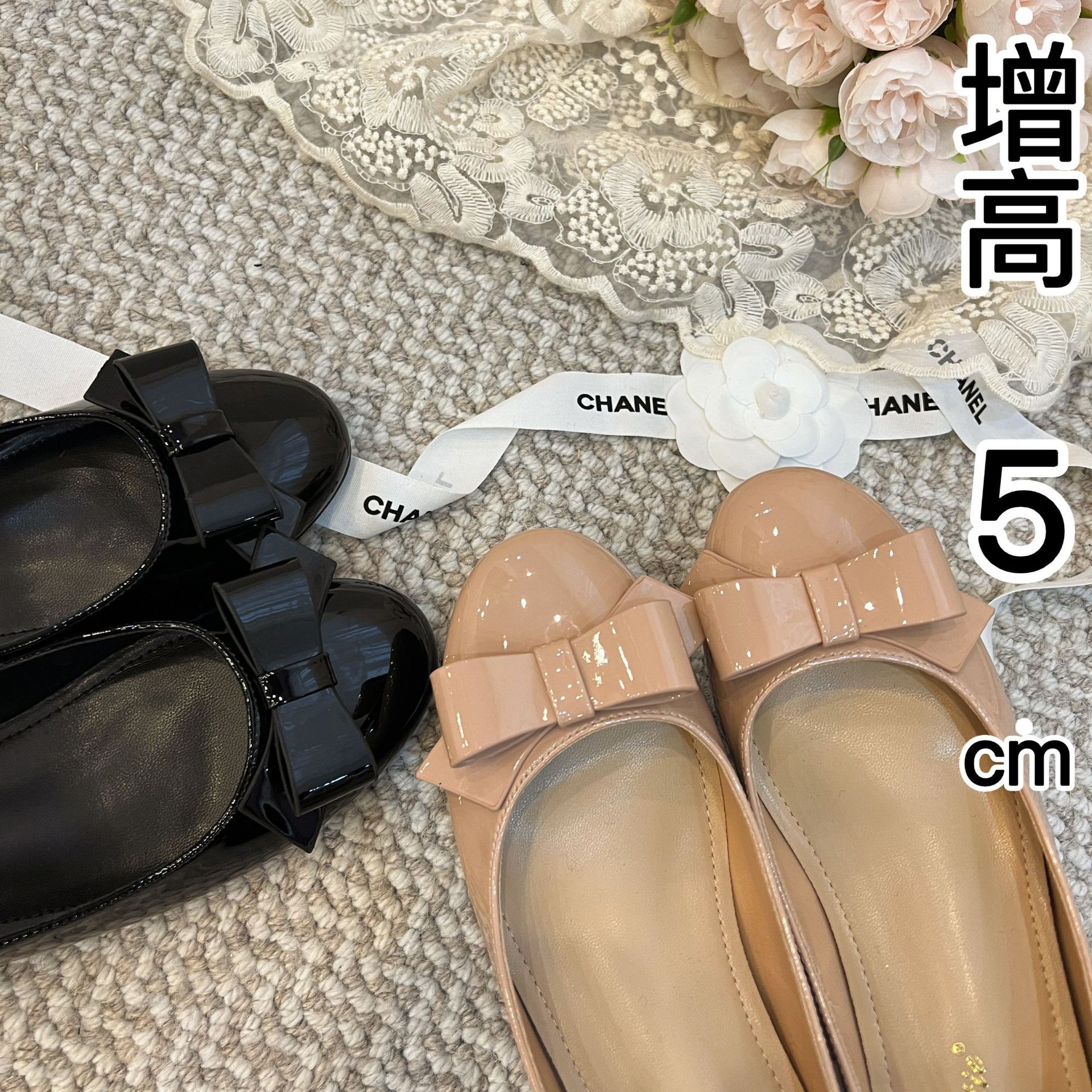 Increased 5cm Bow Round Head Shallow Mouth Shoes Women's 2025 Spring New Fairy Style Patent Leather Slip-on Soft Sole Shoes