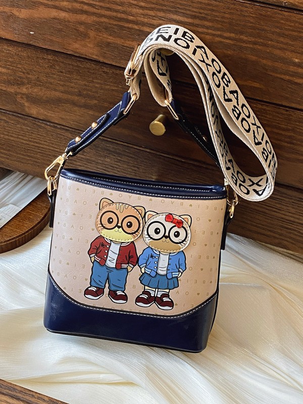 Beibao Source Factory 2025 New Wide Shoulder Strap Single Shoulder Crossbody Contrasting Color Cute Cartoon Stray Small Square Bag for Women