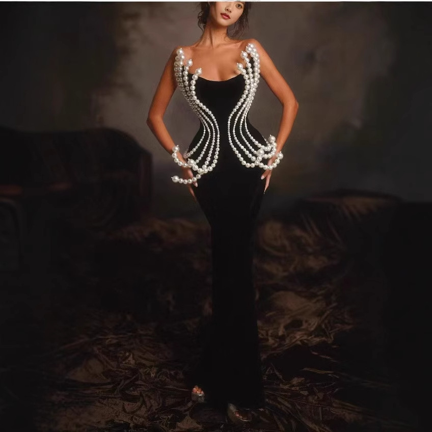 Sexy Slim-Fit Strapless Stud Bead Slim-Fit Design Tight Long Hip dress Gown