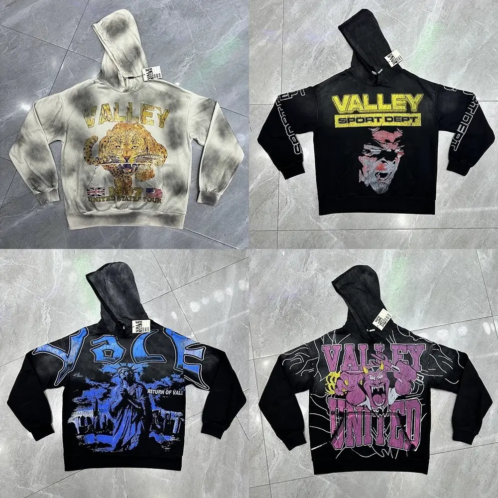 Vale Valley American High Street Loose Hoodie Retro Washed Distressed Printed Pullover Sweatshirt Jacket Autumn