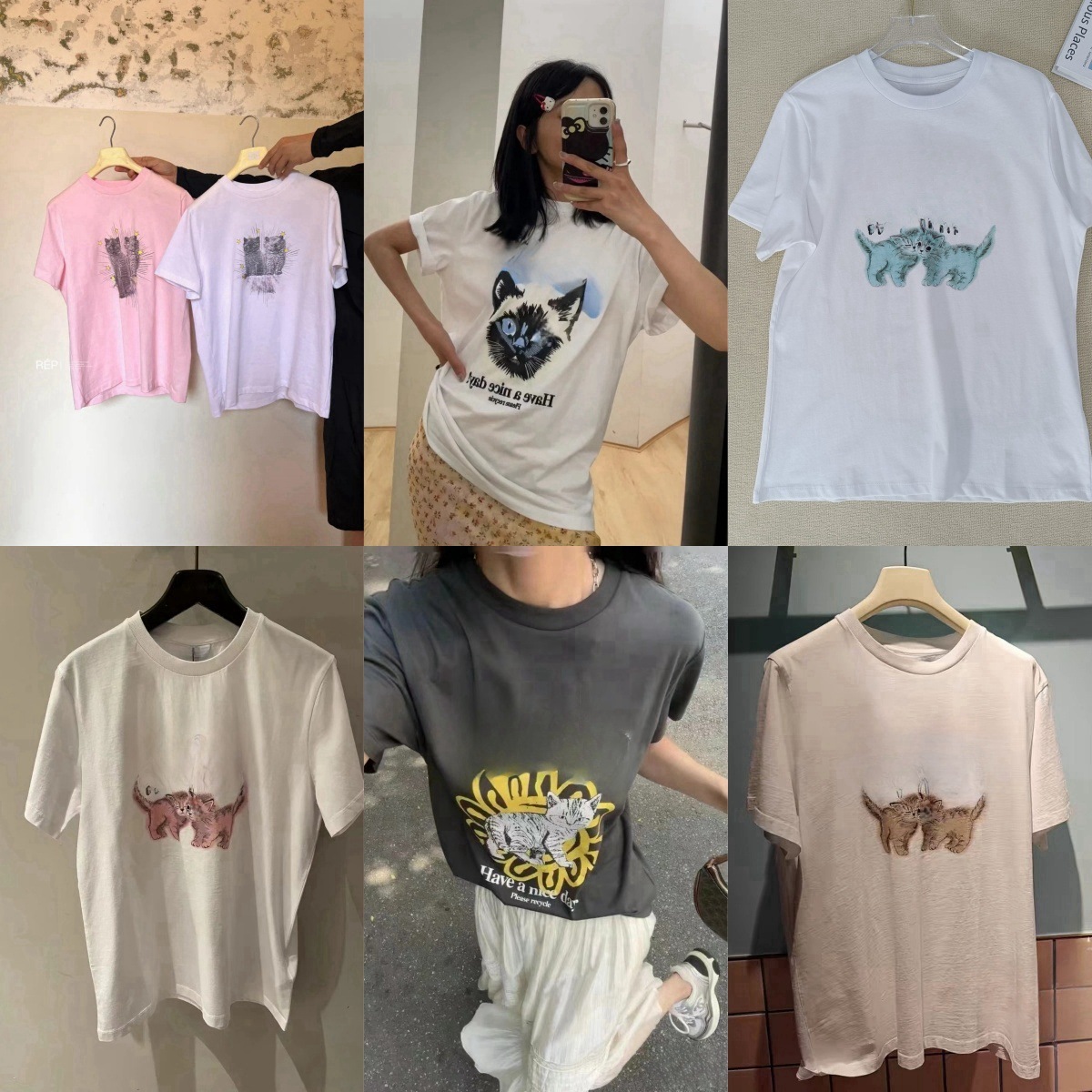 24 New Summer Style Niche European and American Letter Cat Old Printed Round Neck Loose and Sweet Pure Cotton Short-Sleeved T-Shirt