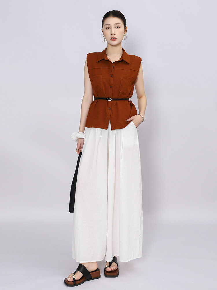 Old Money Style Summer Unique and Beautiful Mature Single-Breasted Sleeveless Top and Cotton-Linen Wide-Leg Pants Two-Piece Set for Women