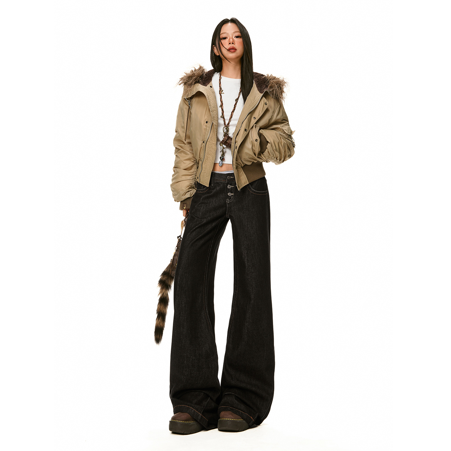 American-Style Spicy Girl Raw Denim Flared Jeans for Women, 2025 Autumn and Winter New Low-Waist Loose Slimming Wide-Leg Bell-Bottom Pants