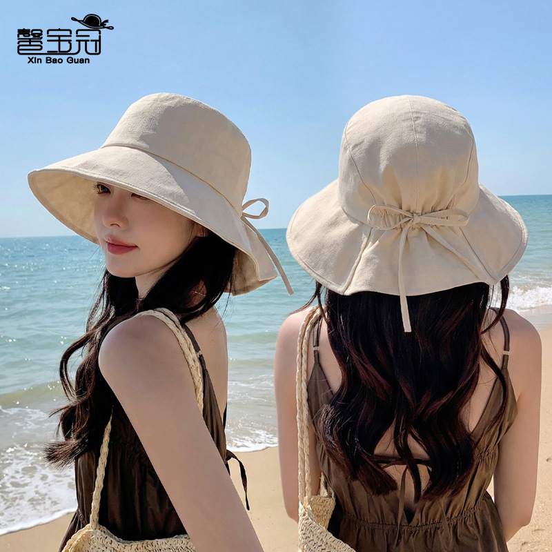 Summer Outdoor Large-Brimmed Sun Hat for Women, Face-Slimming, Sun Protection, Korean Style Fashion Bowknot Bucket Hat