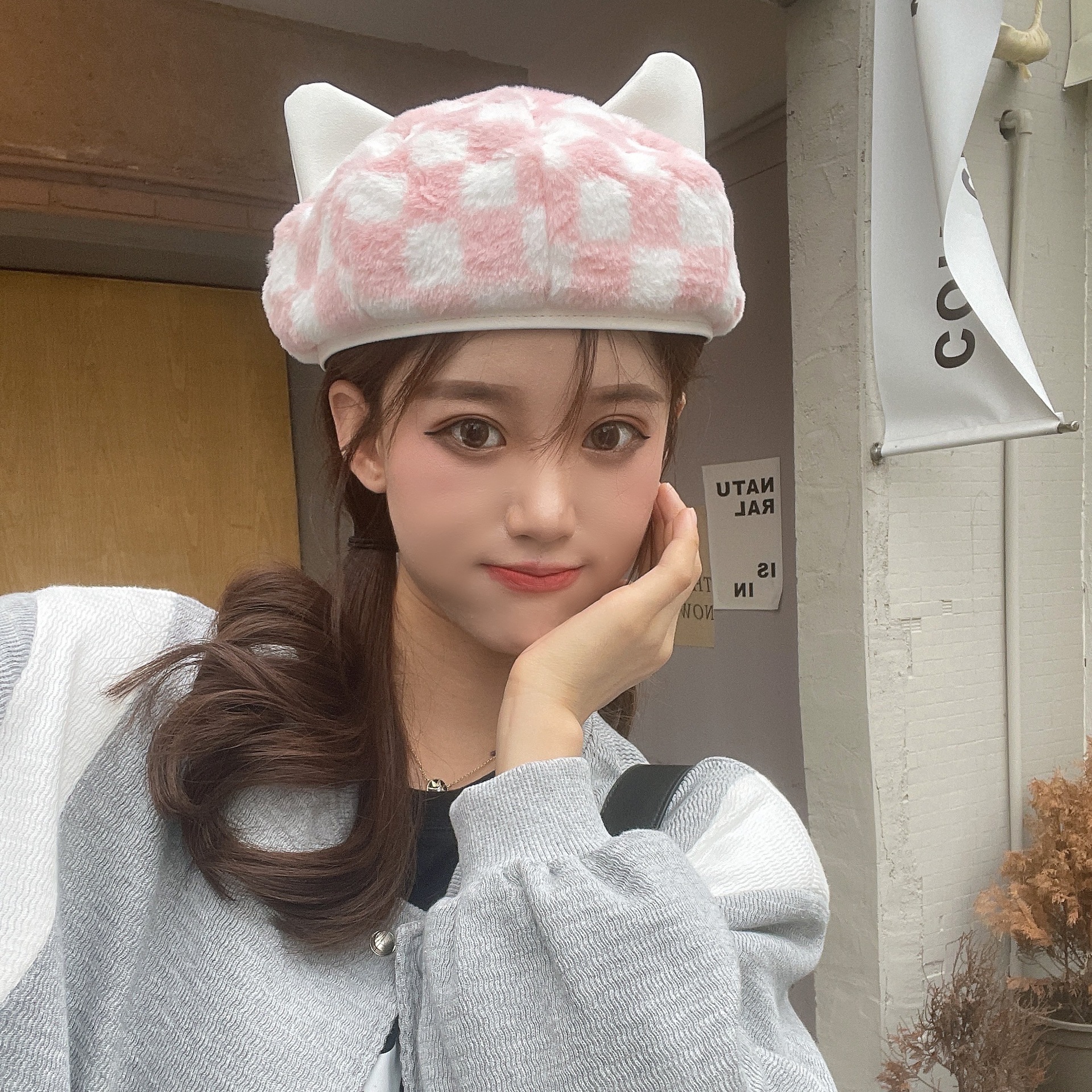 Cat Ear Beret for Women, Ear-Protecting Plush Newsboy Cap, Cute Autumn and Winter Thickened Warm Knitted Octagonal Hat for Students