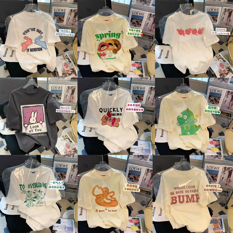 Pure Cotton Collar Cartoon Print Short-Sleeved T-Shirt for Women 2026 Summer New Style Loose Mid-Length Casual Top