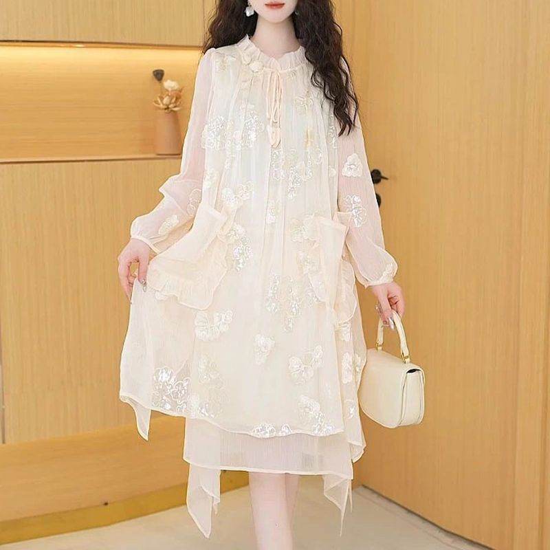 R1Y Spring and Autumn New Wide Version Dress Women's Light Luxury Temperament Embroidery Age-Reducing Mid-Length Skirt Slimming Belly Covering A-Line