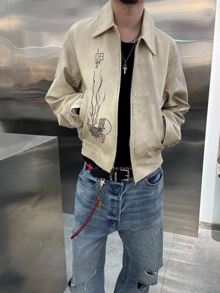 Erd melancholy rich second-generation heavy industry inkjet mysterious embroidered lambskin jacket short jacket for men and women trendy