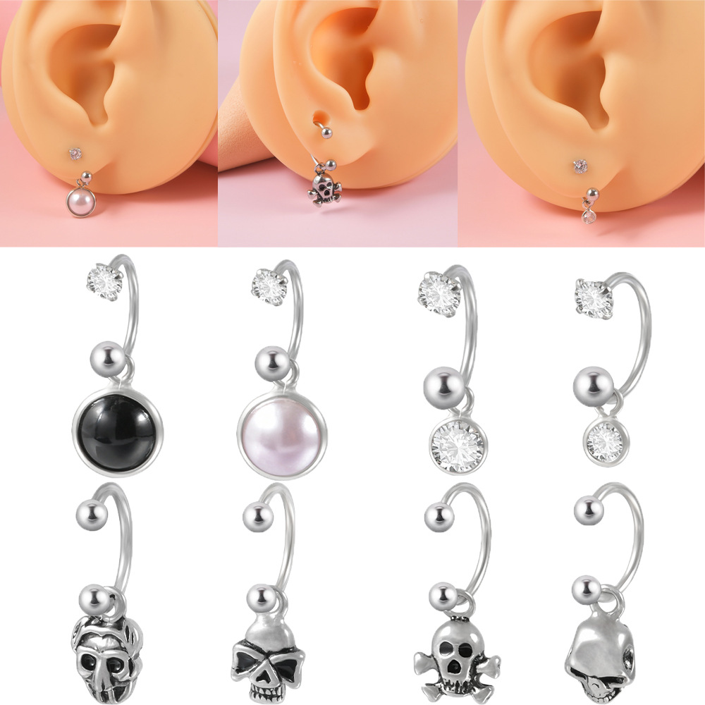 Cross-border New Stainless Steel Zircon Horseshoe Rod Earrings Round Ball Removable Horseshoe Hanging Ghost Head Earrings Nose Ring Earrings