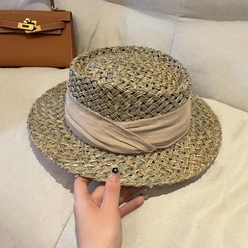 High end! Old Money Sense Summer Saltwater Straw Linen Ribbon Top Hat Women's Holiday Flat Straw Hat Light Luxury Hat