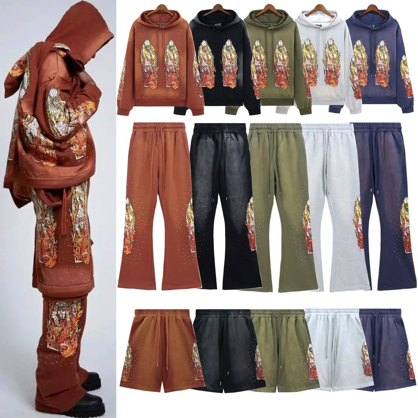 Cross-Border Wholesale Who Decides War Washed and Distressed Trendy Brand Men's and Women's Hooded Sweatshirts and Sweatpants Micro-Flared Pants