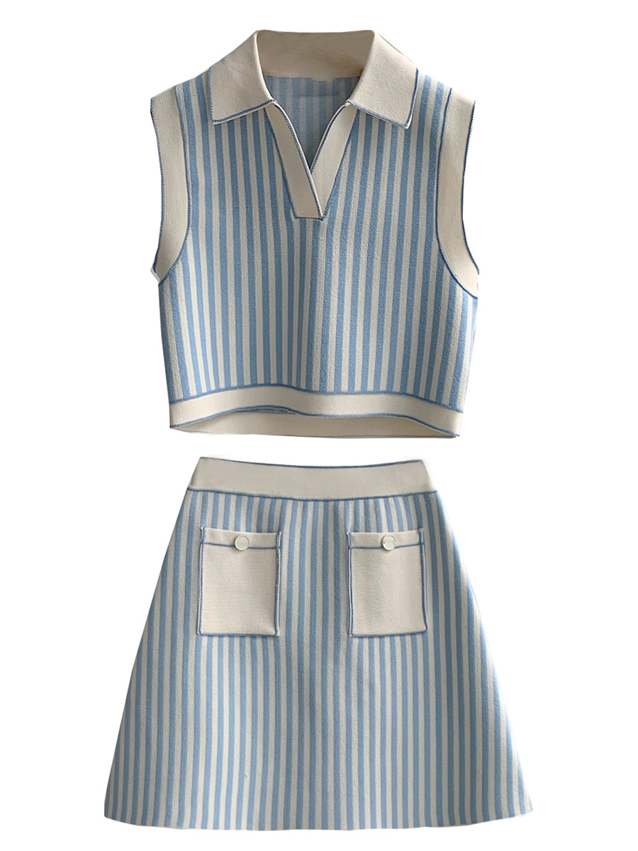 House of 2024 Summer new striped short knitted vest + A word half skirt age reduction College wind suit