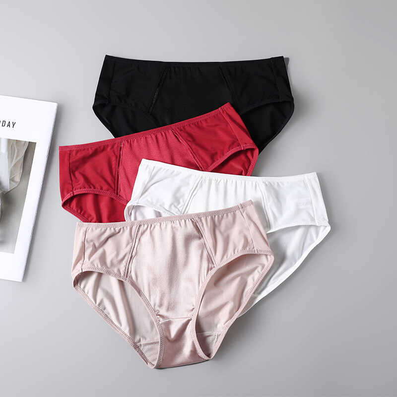 Silk Women's Mid-Waist Satin Underwear Crotch 100% Knitted Silk Skin-Friendly Breathable Bag Hip Briefs