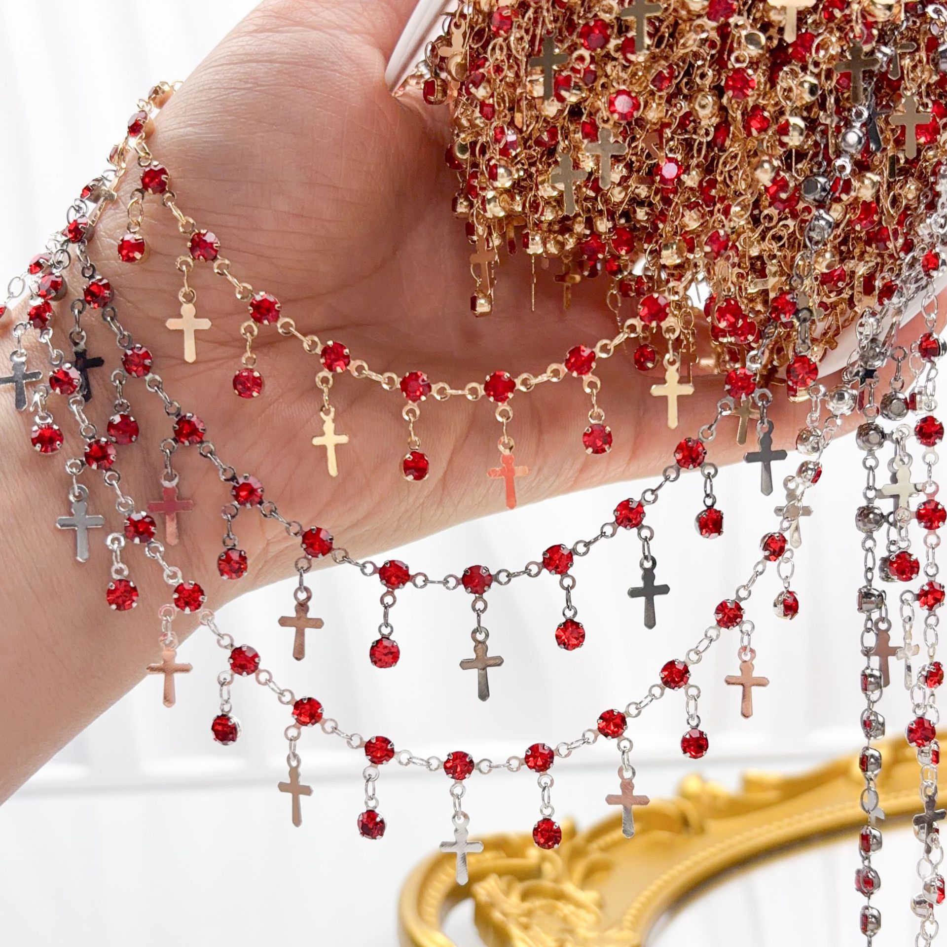 DIY Chain Red Rhinestone Cross Tassel Chain All-Copper Color-Preserving Bracelet Materials Handmade Chain Wholesale