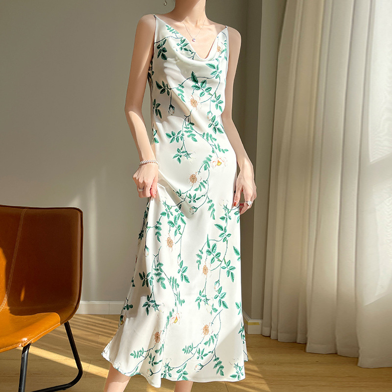 Printed sling dress Women's Mid-length over-the-knee sleeveless sexy swing collar artificial silk satin acetate vest skirt summer