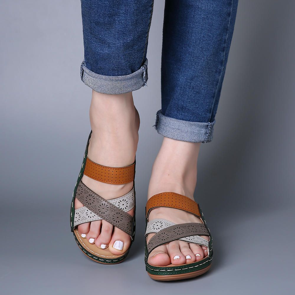 2023 Cross-Border Wish Aliexpress Large Size 43 Casual Roman Hole Sandals Cross Open Toe Wedge Slippers