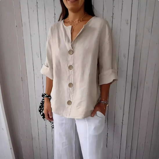 Amazon 2025 Cross-Border European and American Summer New Loose T-Shirt Women's V Neck Cotton and Linen Button Top