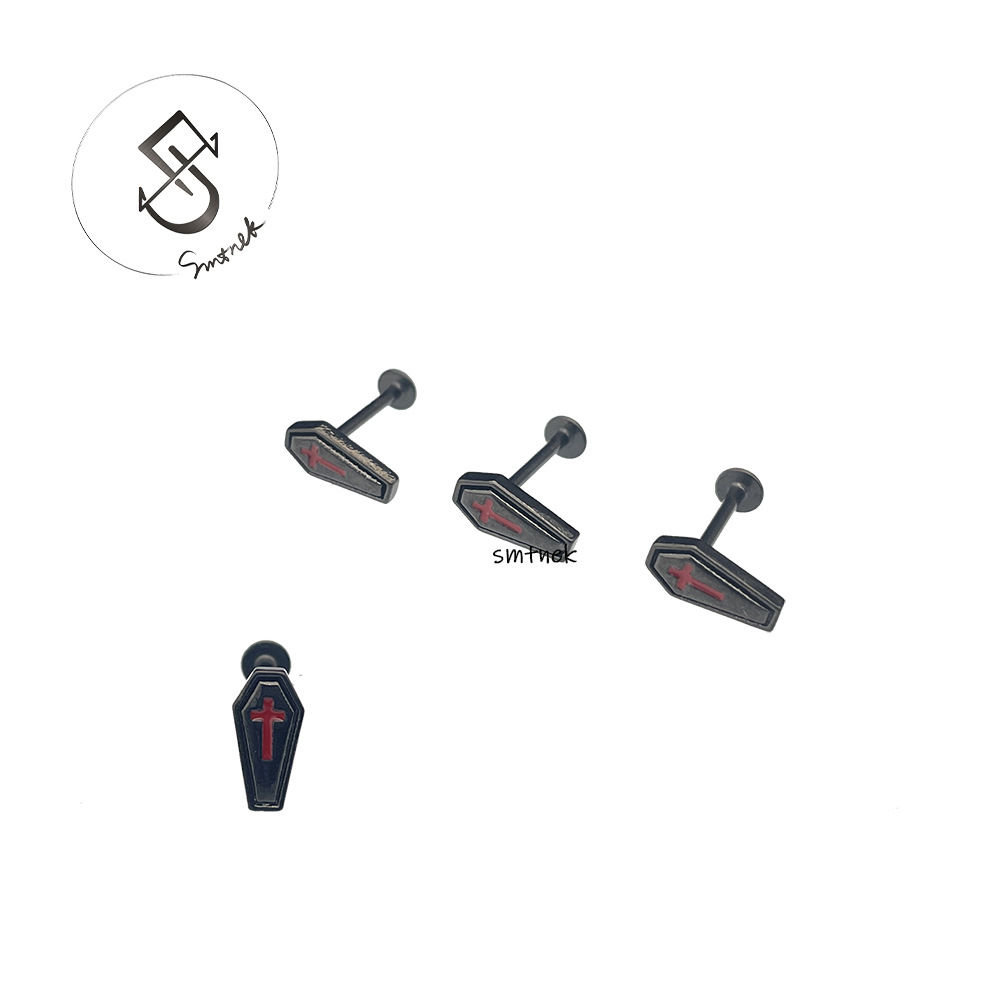 SMTNEK titanium steel rod copper oil drop black coffin cross earring lip nail stainless steel piercing jewelry