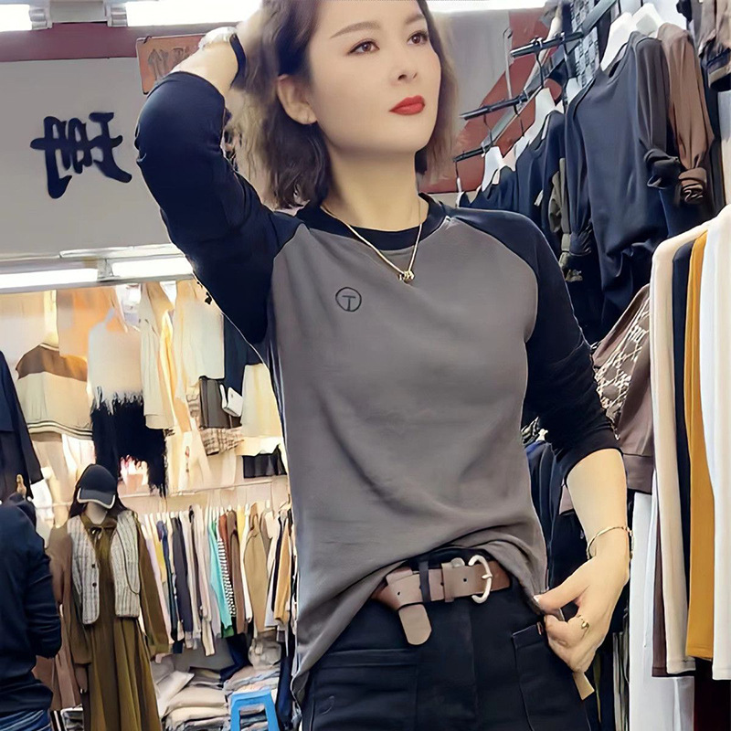 European Hong Kong Style German Velvet Stitching Contrasting Color Long-Sleeved T-Shirt Autumn and Winter Inner Warm Bottoming Shirt Slimming Look Outer Top for Women