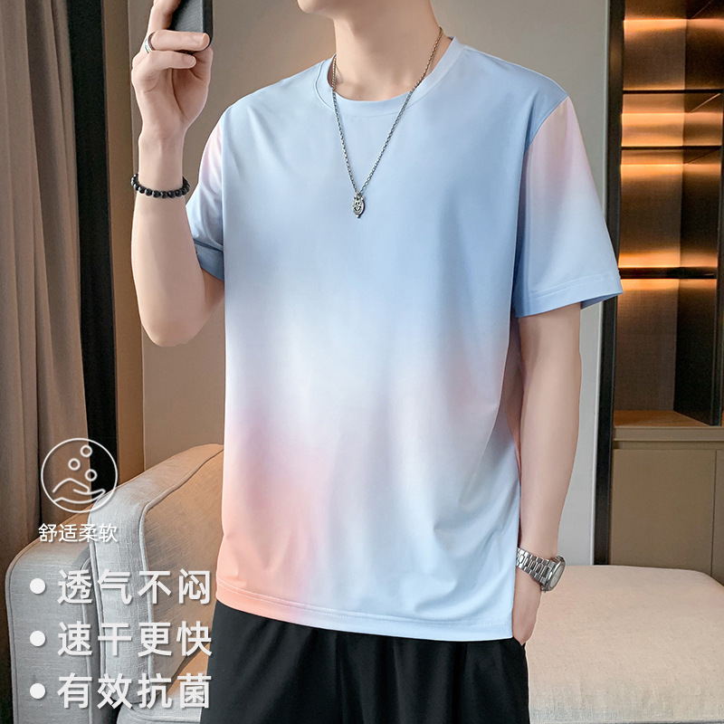 Summer New Style Ice Silk Cool Short-Sleeved T-Shirt Men's Trendy Brand Gradient Top Handsome Youth Half-Sleeved T-Shirt t