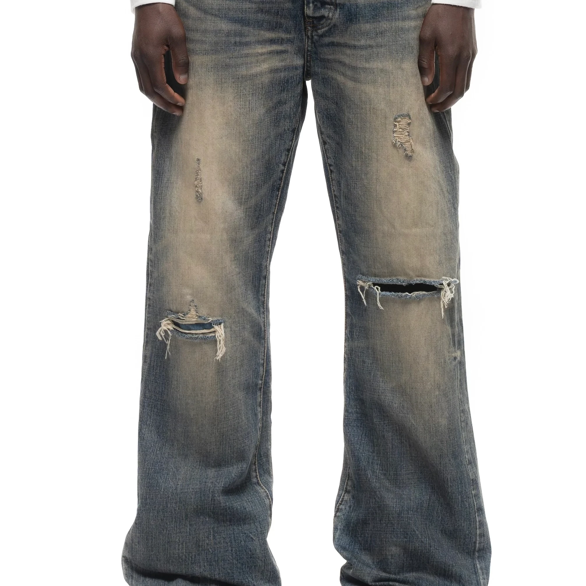 No Faith Studios Sun-Faded, Washed, Distressed, Hand-Cut, Ripped, Heavy-Duty Patchwork Straight-Leg Jeans for Men