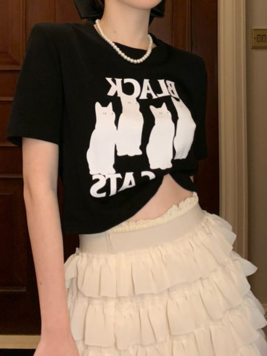 Cross-Border Short Black Sexy Navel-Baring Top Short-Sleeved Summer New High-Waisted American Cat Print T-Shirt for Women