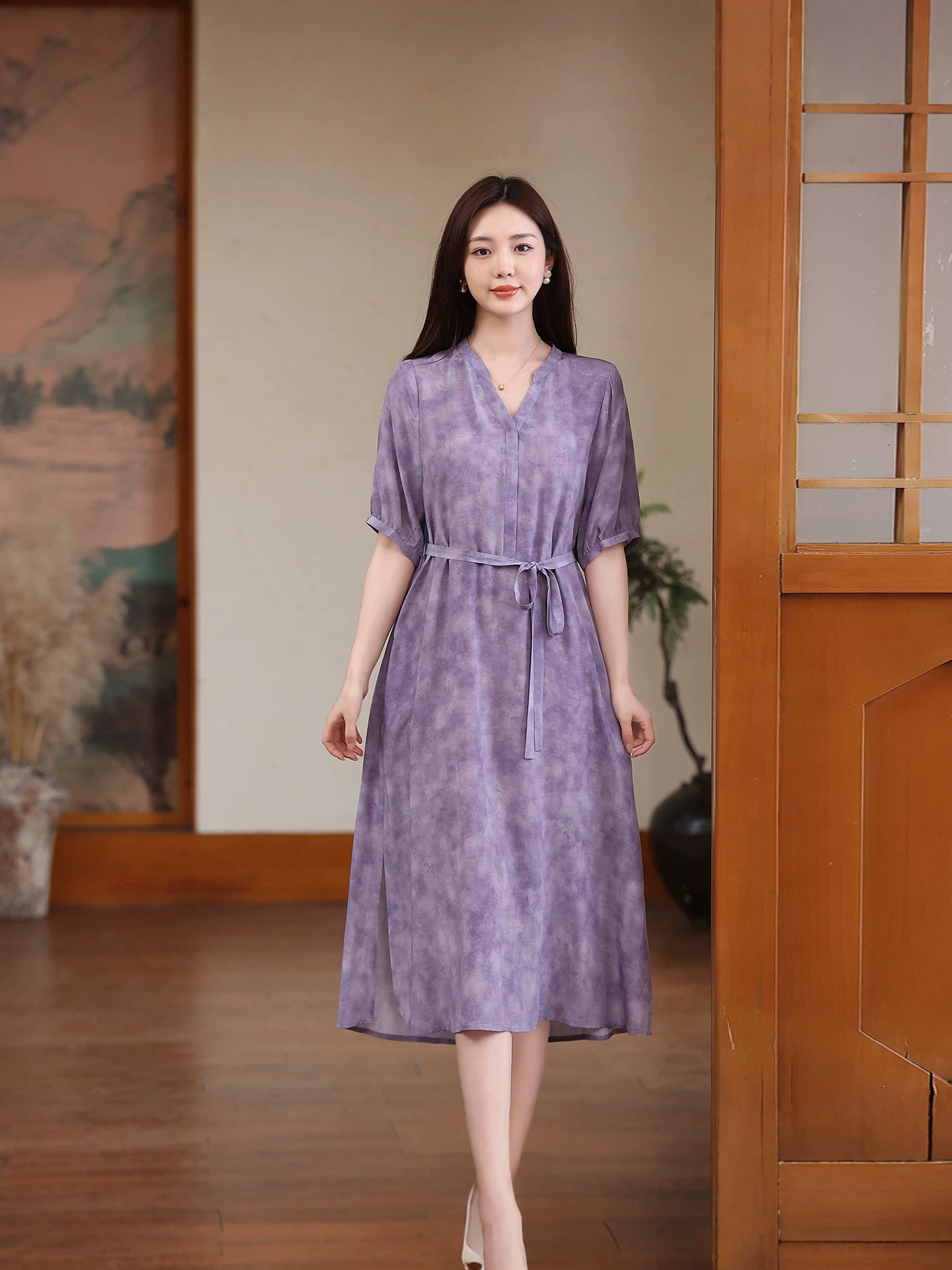 2026 New Summer Fashion Silk Mid-Length Dress with V-Neck and Tie, Slimming Solid Color Elegant Women's Dress