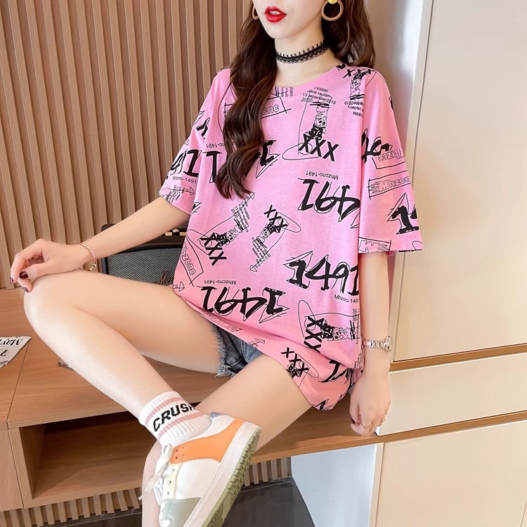 2026 Spring/Summer New Mid-Length Korean Style Loose Trendy Letter Ins Style Versatile Short-Sleeve T-Shirt Women's Top