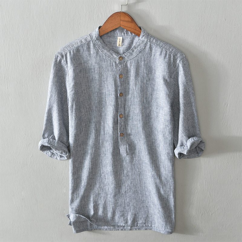 718 national fashion casual V-neck artistic short t-sleeve shirt men's cotton and linen striped cropped long-sleeved shirt one-piece delivery