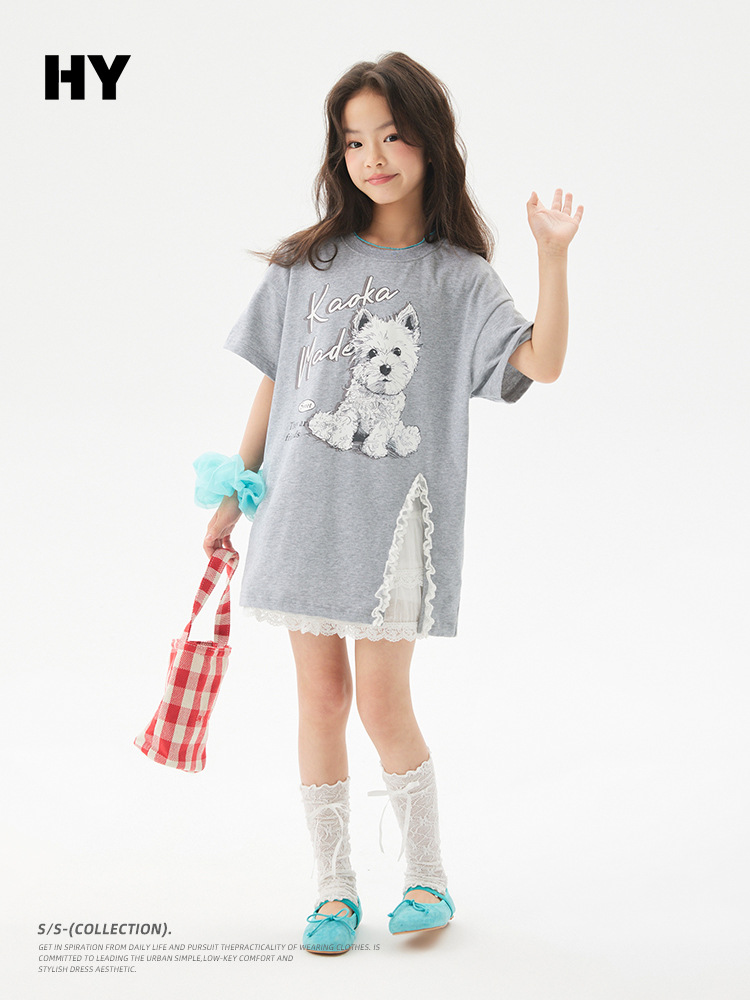 Girls' Cartoon T-Shirt 2026 Summer New Korean Style Half-Sleeve Long Children's Clothing Top for Older Kids Short-Sleeve Trendy